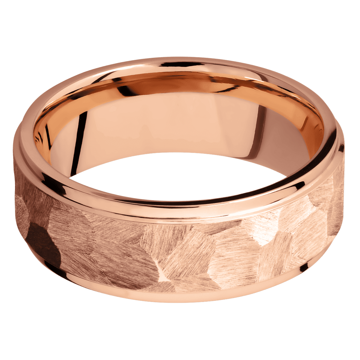14K Rose Gold + Rock Polish Finish - 8 mm wide Flat Grooved Edges 14K Rose Gold band. - Custom