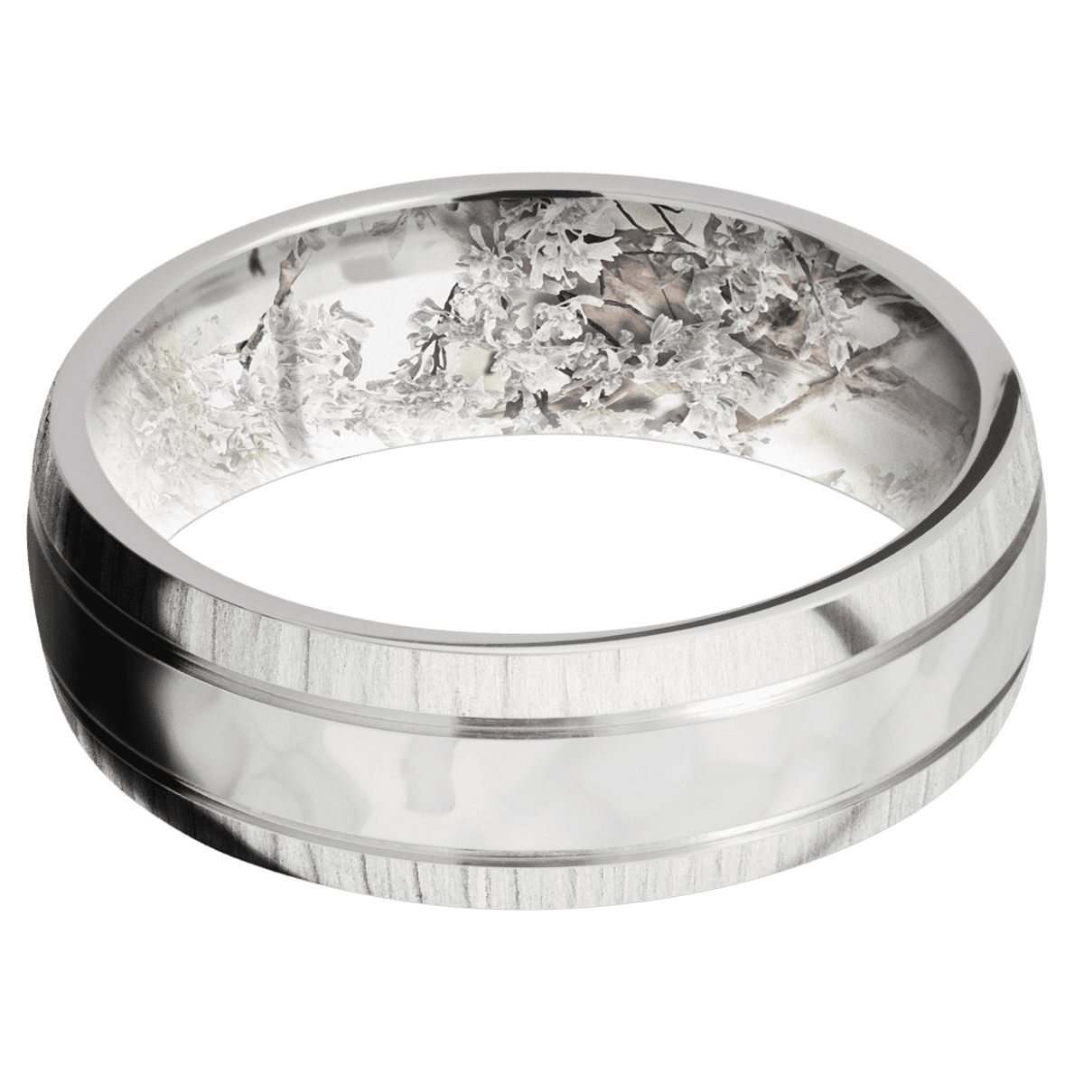 14K White Gold + Rockpolish Treebark1 Finish + King’s Snow - 7 mm wide Domed with two accent grooves 14K White Gold