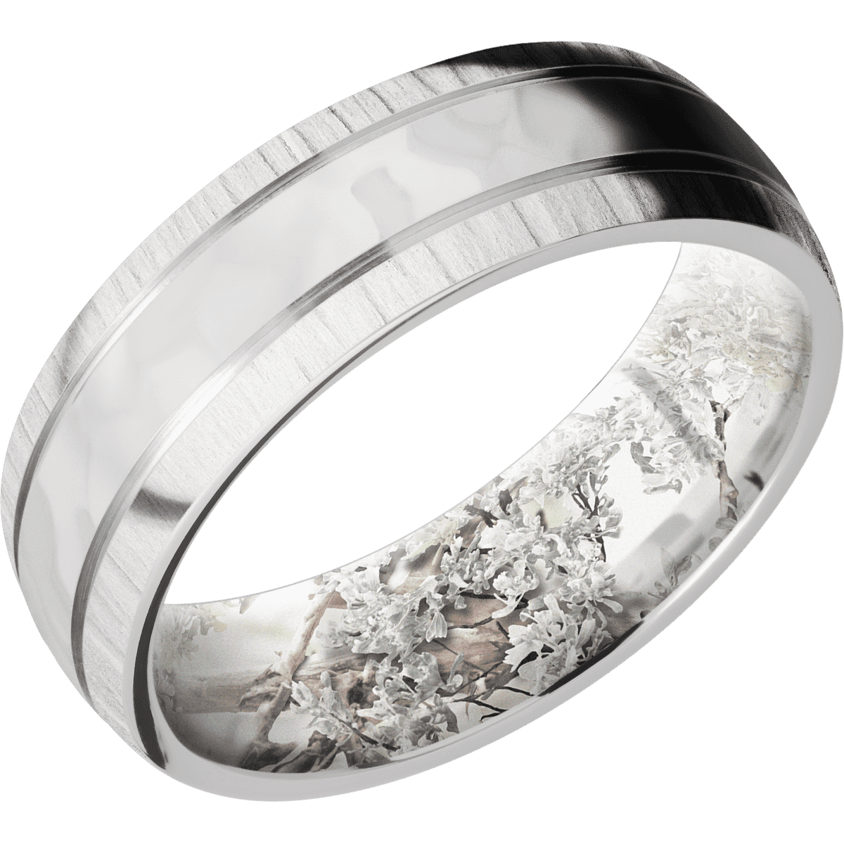 14K White Gold + Rockpolish Treebark1 Finish + King’s Snow - 7 mm wide Domed with two accent grooves 14K White Gold