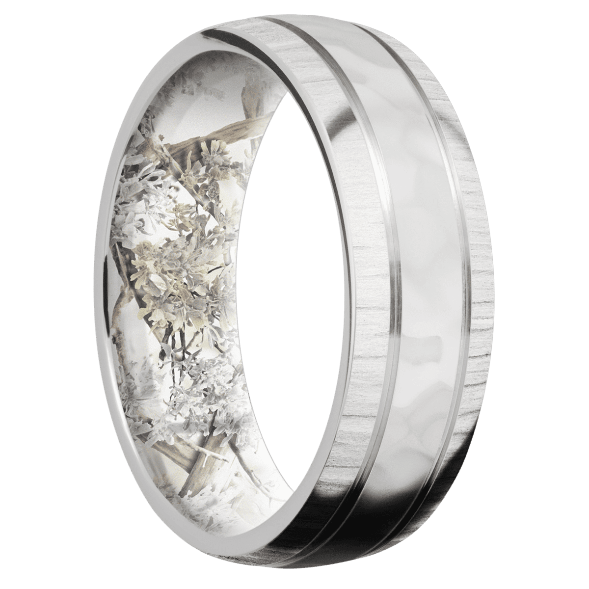 14K White Gold + Rockpolish Treebark1 Finish + King’s Snow - 7 mm wide Domed with two accent grooves 14K White Gold