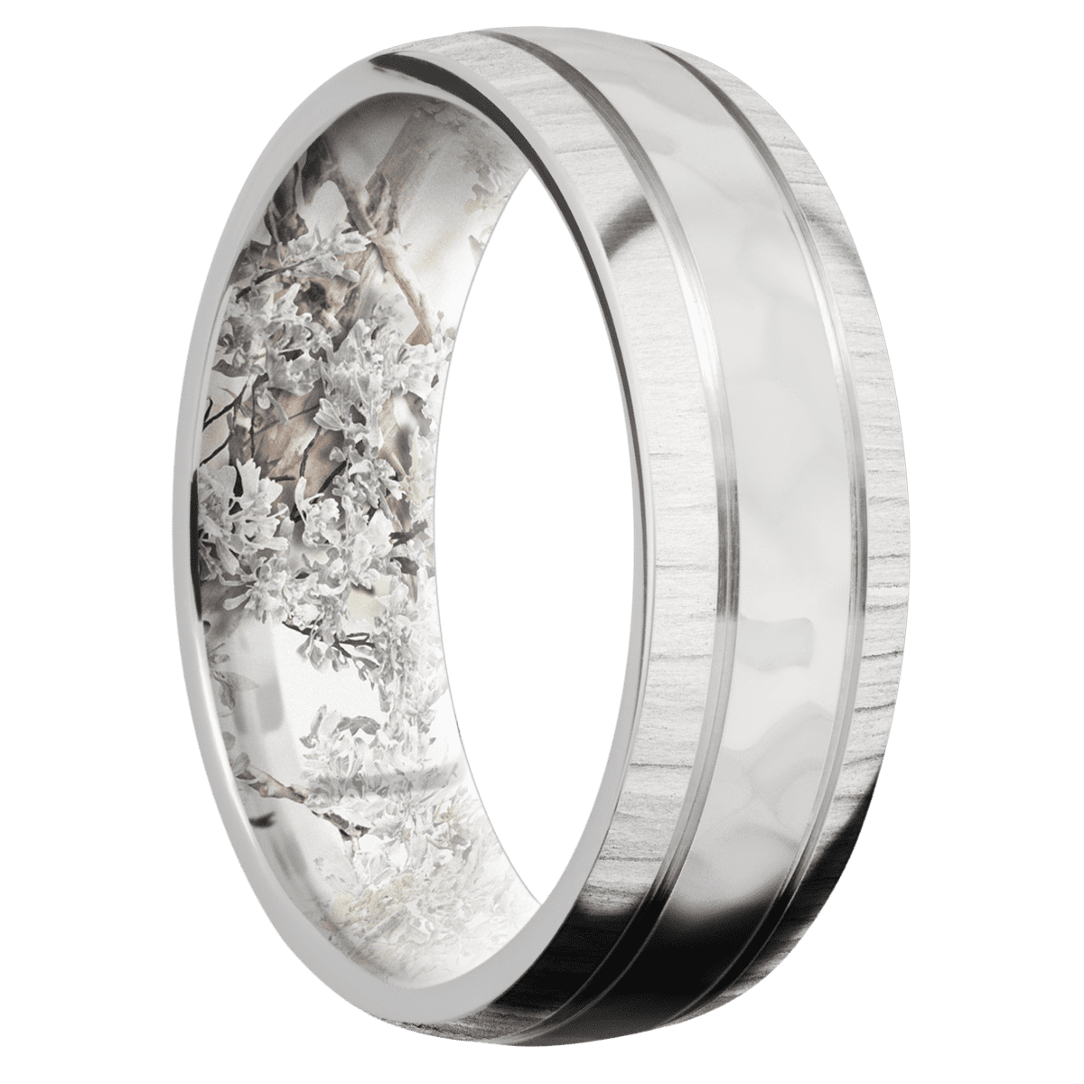 14K White Gold + Rockpolish Treebark1 Finish + King’s Snow - 7 mm wide Domed with two accent grooves 14K White Gold