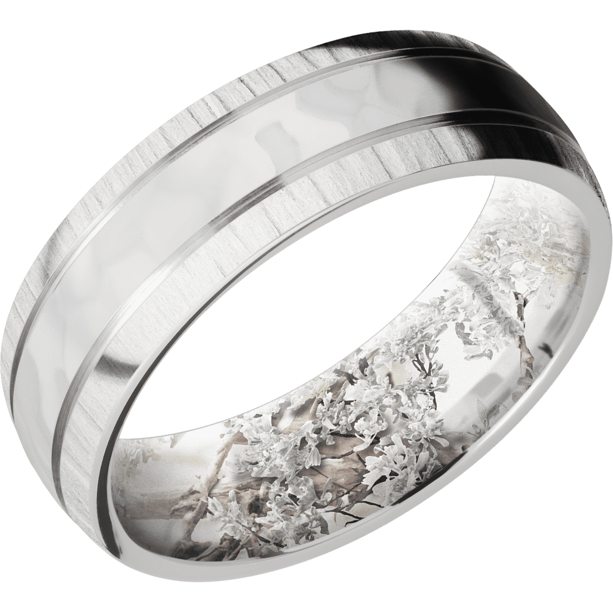14K White Gold + Rockpolish Treebark1 Finish + King’s Snow - 7 mm wide Domed with two accent grooves 14K White Gold