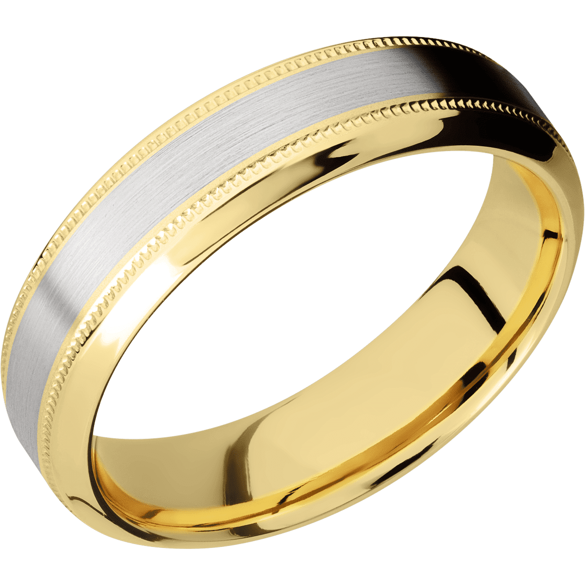 14K Yellow Gold + Bead Polish Finish - 6 mm wide/High Bevel Milgrain/14K Yellow Gold band with one 3 mm Centered inlay