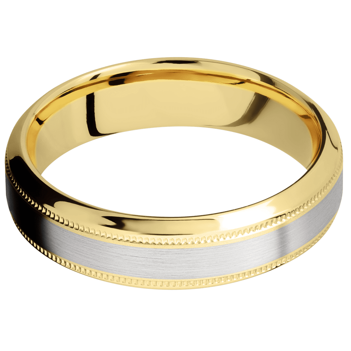 14K Yellow Gold + Bead Polish Finish - 6 mm wide/High Bevel Milgrain/14K Yellow Gold band with one 3 mm Centered inlay