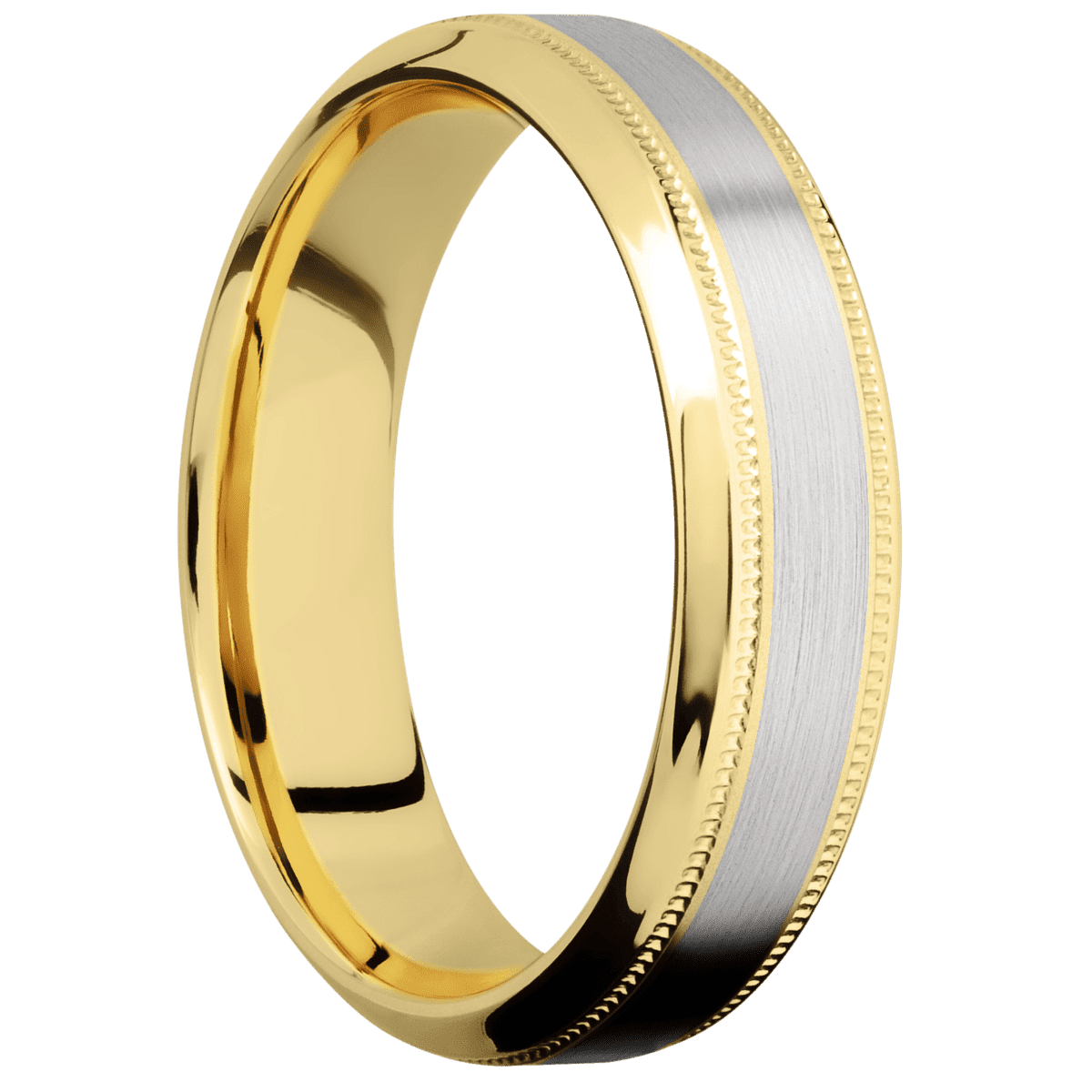 14K Yellow Gold + Bead Polish Finish - 6 mm wide/High Bevel Milgrain/14K Yellow Gold band with one 3 mm Centered inlay