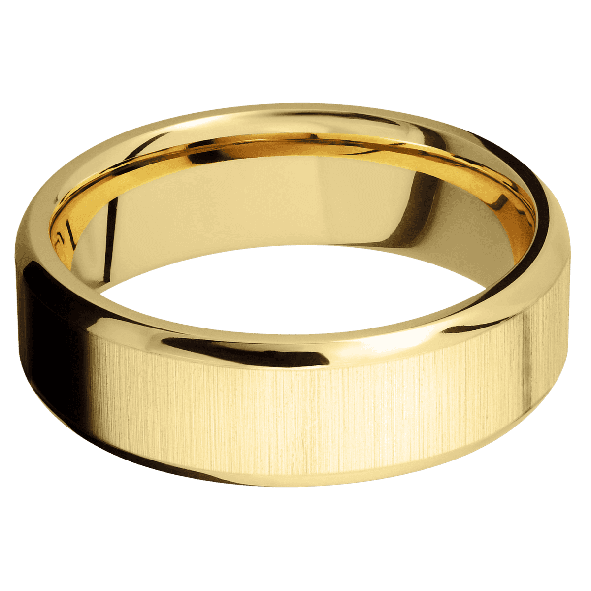 14K Yellow Gold + Crosssatin Polish Finish - 7 mm wide Beveled 14K Yellow Gold band. - Custom