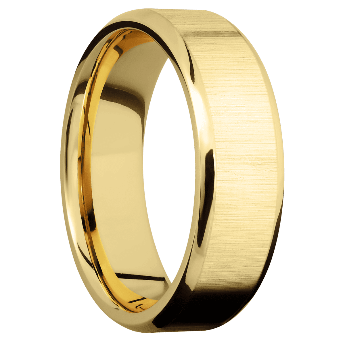 14K Yellow Gold + Crosssatin Polish Finish - 7 mm wide Beveled 14K Yellow Gold band. - Custom
