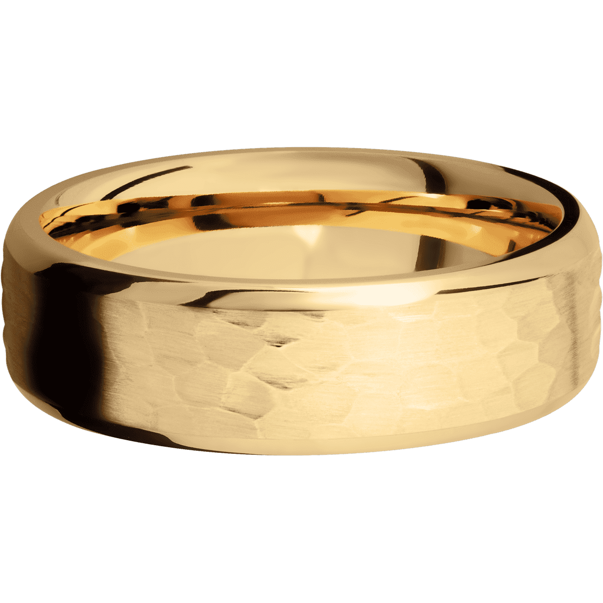 14K Yellow Gold + Hammer Polish Finish - 7 mm wide Beveled 14K Yellow Gold band. - Custom