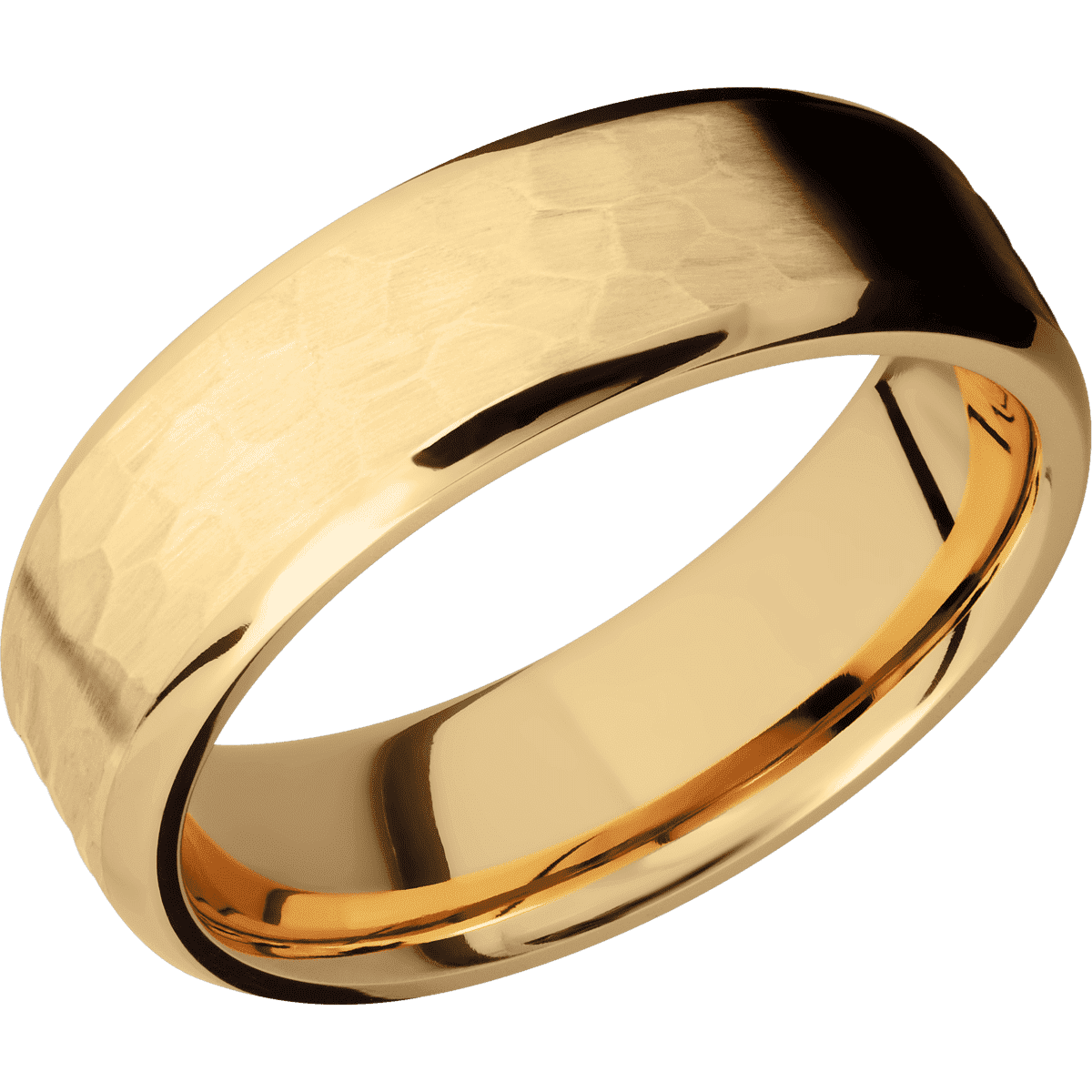 14K Yellow Gold + Hammer Polish Finish - 7 mm wide Beveled 14K Yellow Gold band. - Custom