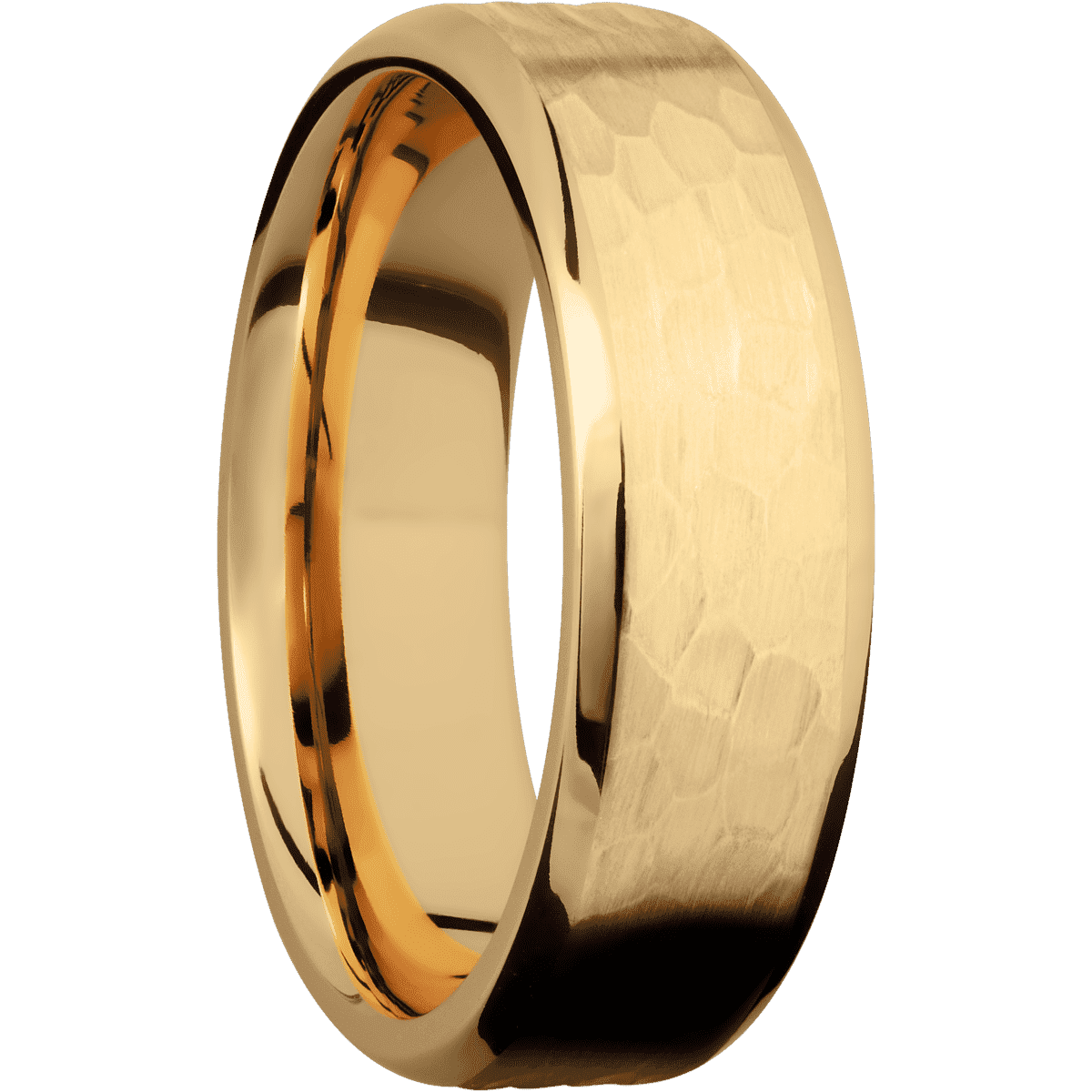 14K Yellow Gold + Hammer Polish Finish - 7 mm wide Beveled 14K Yellow Gold band. - Custom
