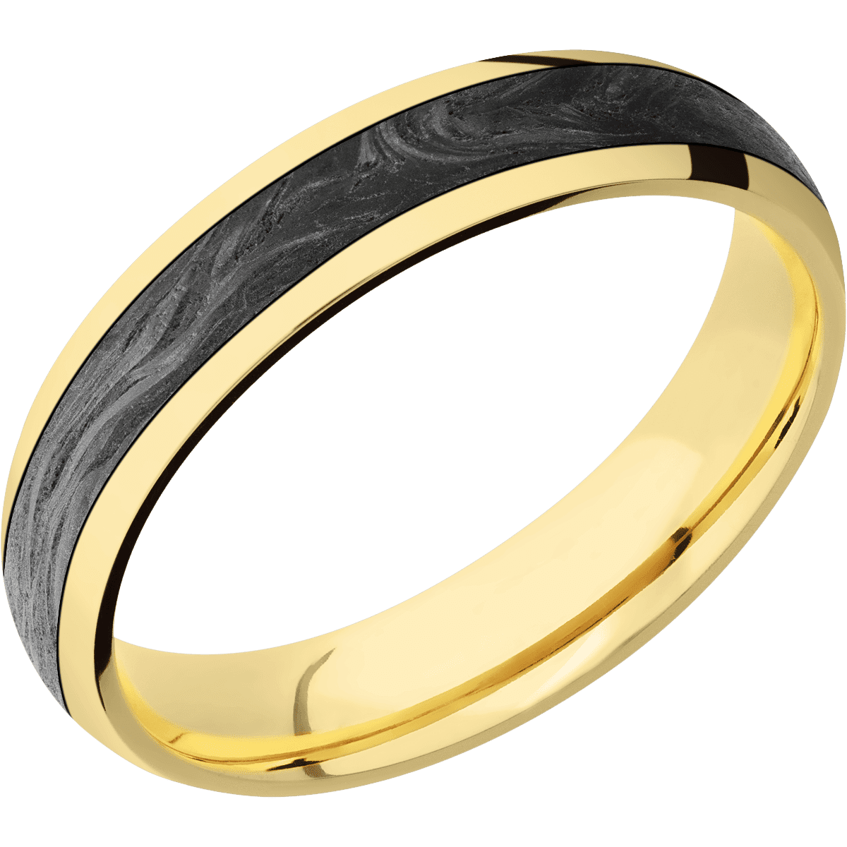 14K Yellow Gold + Polish Finish - 5 mm wide/Domed/14K Yellow Gold band with one 3 mm Centered inlay of Forged Carbon