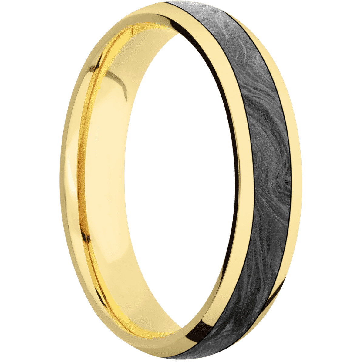 14K Yellow Gold + Polish Finish - 5 mm wide/Domed/14K Yellow Gold band with one 3 mm Centered inlay of Forged Carbon