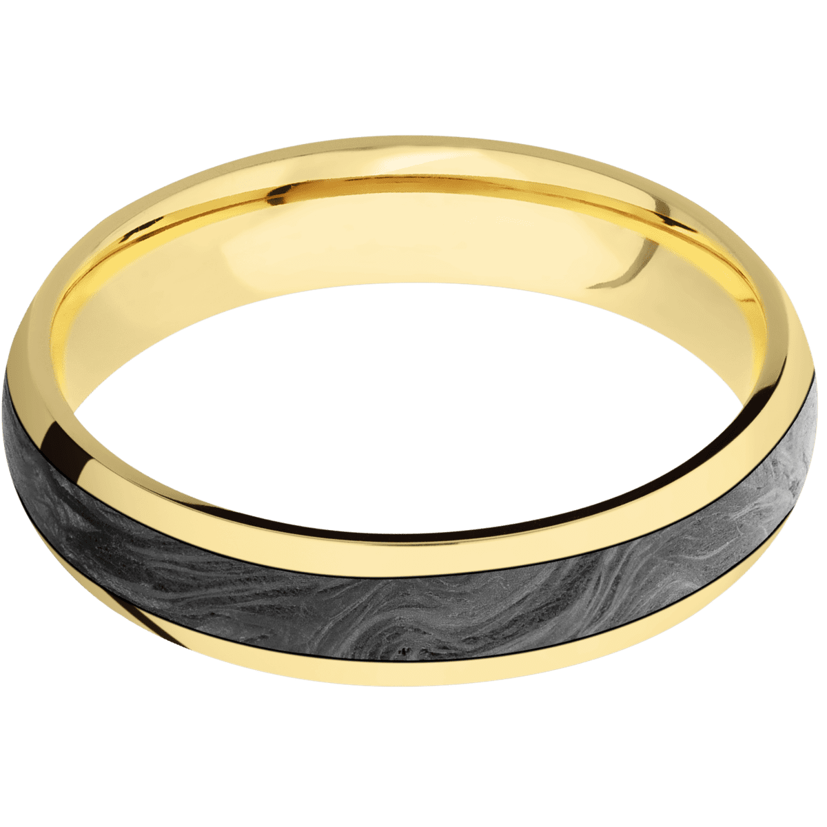 14K Yellow Gold + Polish Finish - 5 mm wide/Domed/14K Yellow Gold band with one 3 mm Centered inlay of Forged Carbon