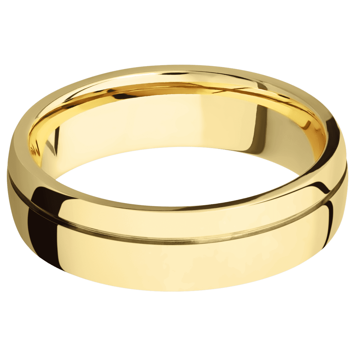 14K Yellow Gold + Polish Polish Finish - 6 mm wide Domed with Off Center Accent Groove 14K Yellow Gold band. - Custom