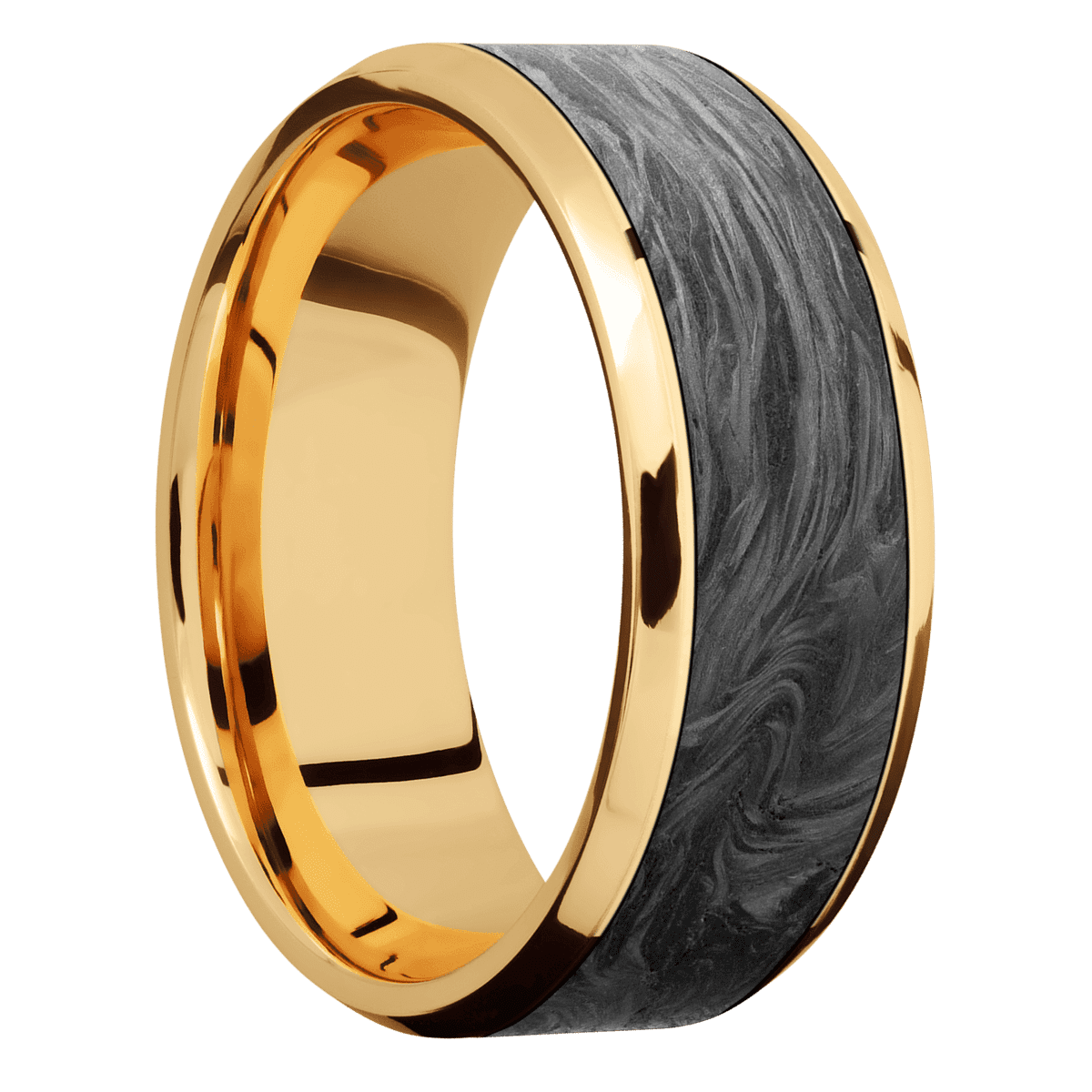 14K Yellow Gold + Polish Polish Finish - 8 mm wide/Beveled/14K Yellow Gold band with one 6 mm Centered inlay of Forged
