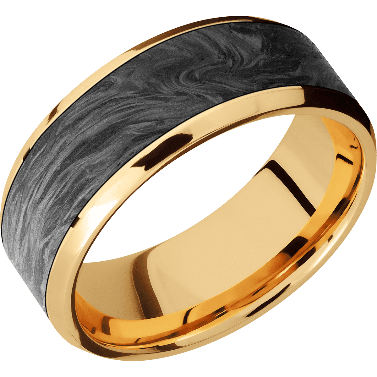 14K Yellow Gold + Polish Polish Finish - 8 mm wide/Beveled/14K Yellow Gold band with one 6 mm Centered inlay of Forged