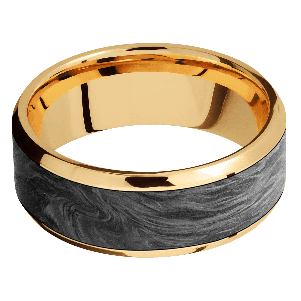 14K Yellow Gold + Polish Polish Finish - 8 mm wide/Beveled/14K Yellow Gold band with one 6 mm Centered inlay of Forged