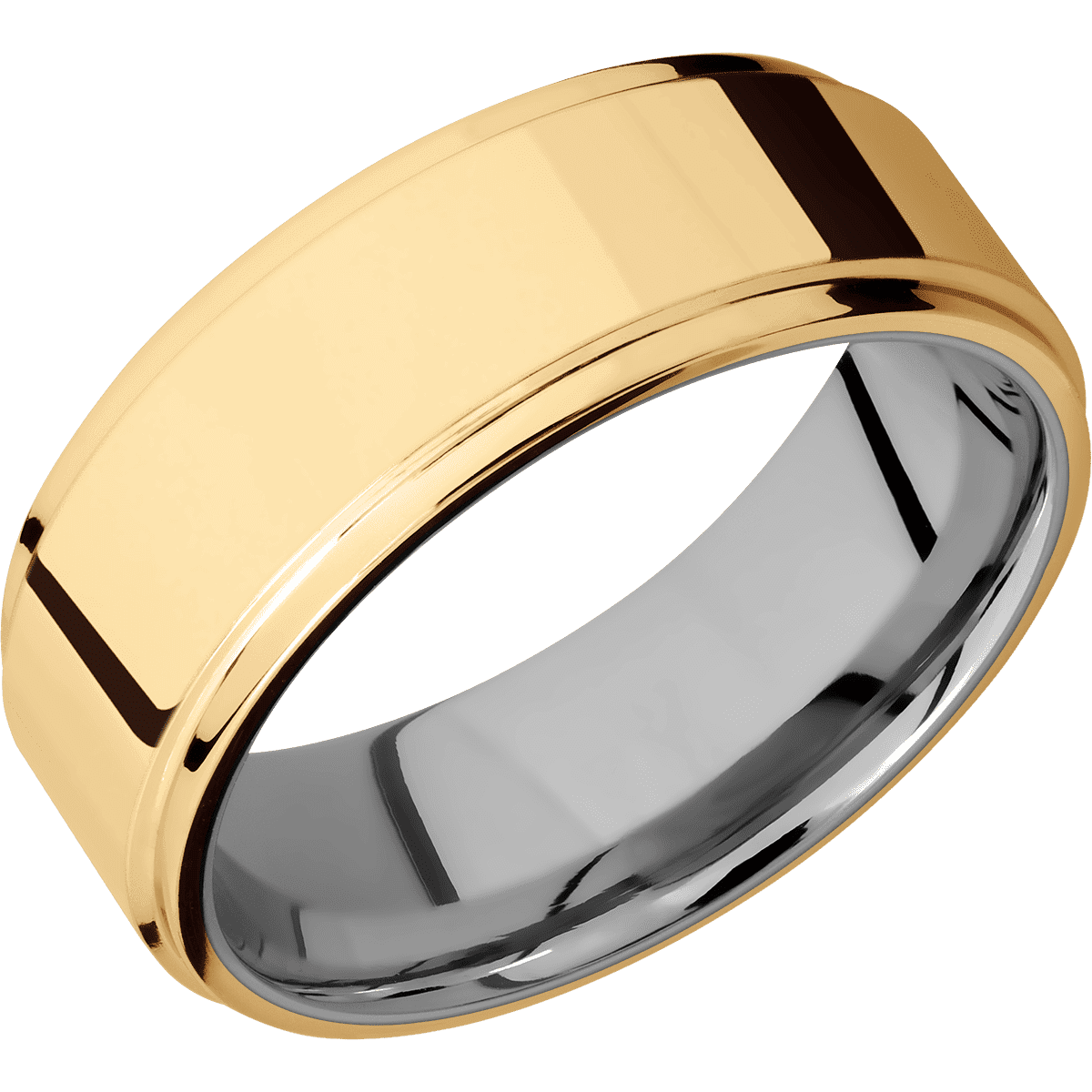 14K Yellow Gold + Polish Polish Finish + Titanium - 8 mm wide Flat Grooved Edges 14K Yellow Gold band featuring