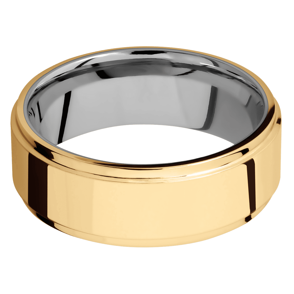 14K Yellow Gold + Polish Polish Finish + Titanium - 8 mm wide Flat Grooved Edges 14K Yellow Gold band featuring