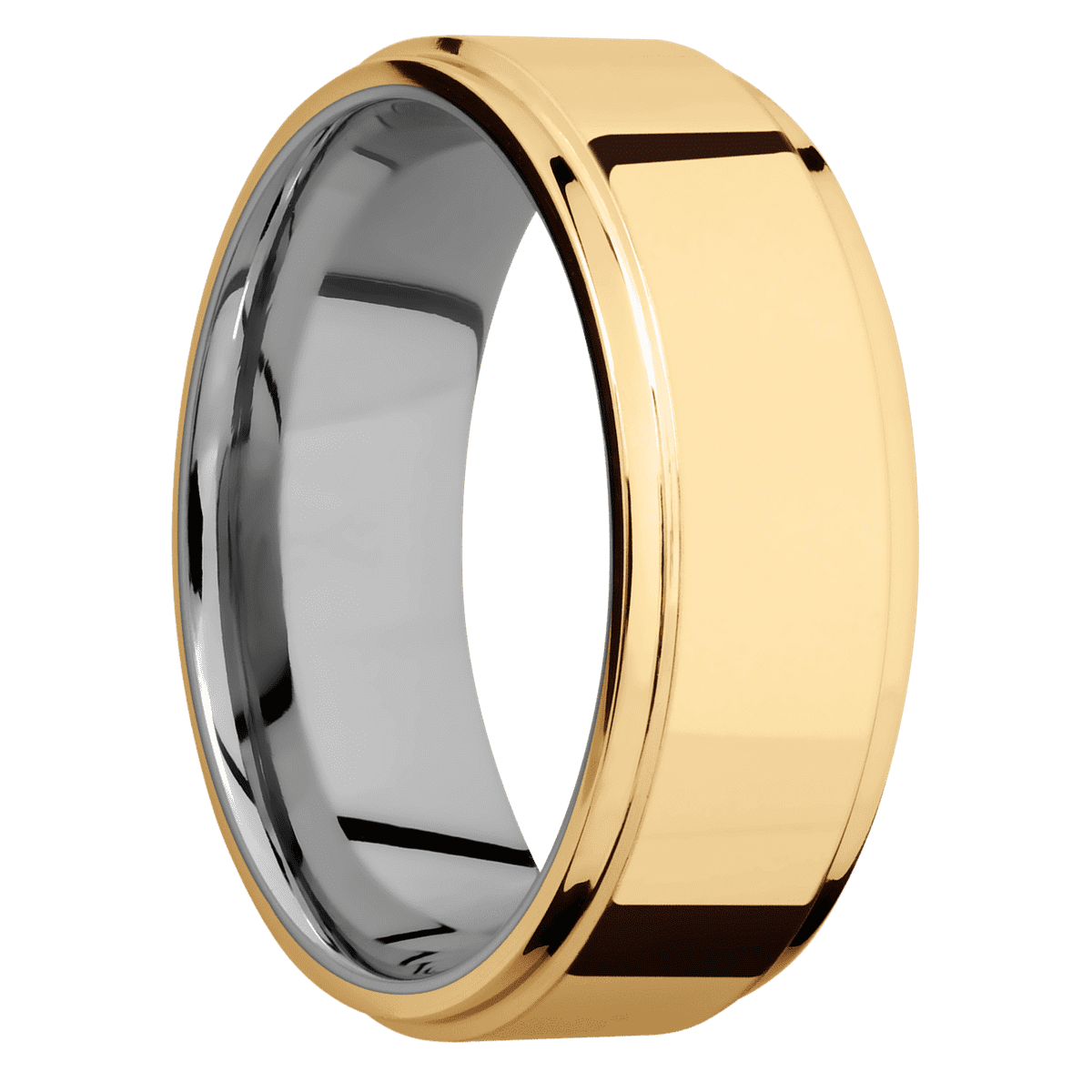 14K Yellow Gold + Polish Polish Finish + Titanium - 8 mm wide Flat Grooved Edges 14K Yellow Gold band featuring