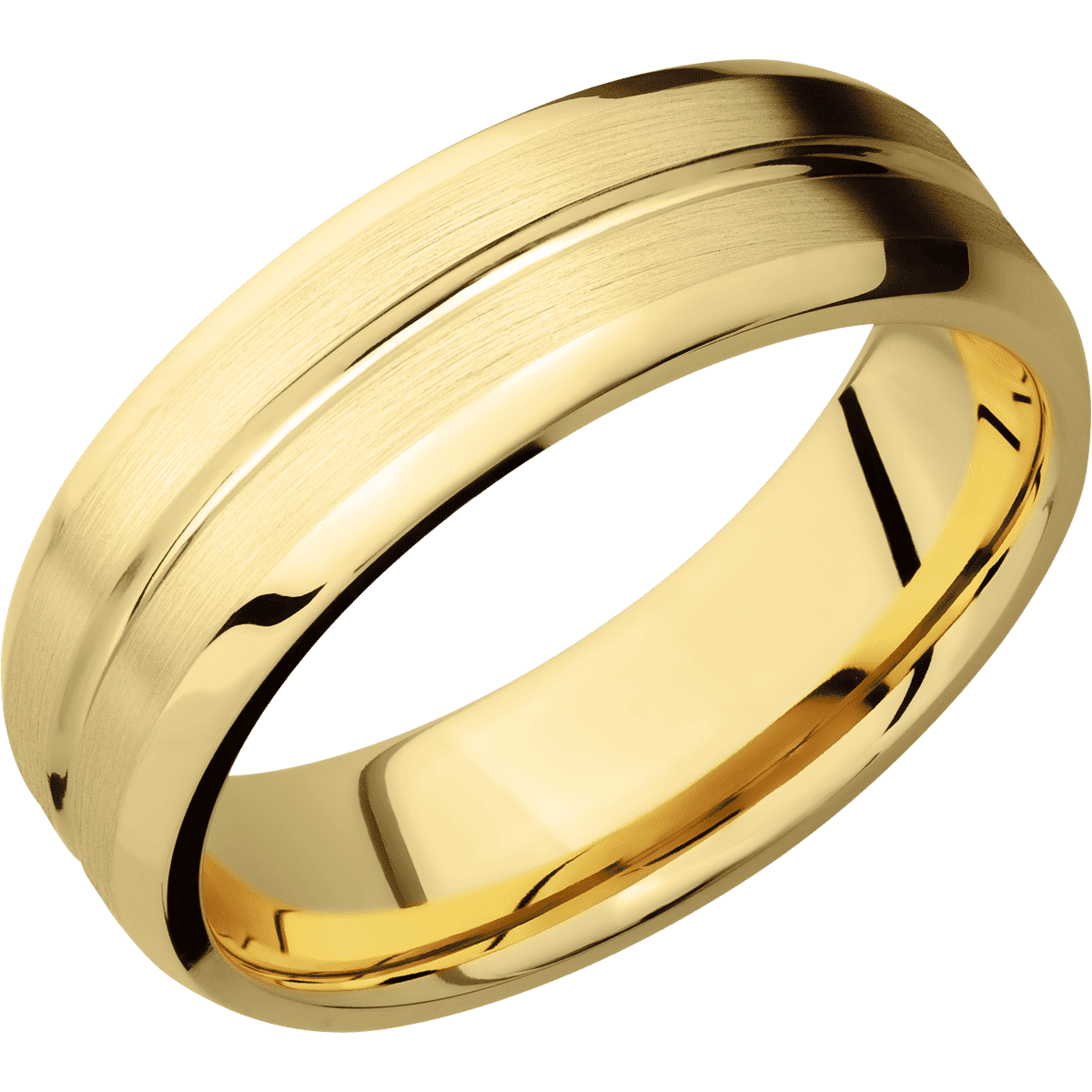 14K Yellow Gold + Polish Satin Finish - 7 mm wide Beveled with Center Accent Groove 14K Yellow Gold band. - Custom