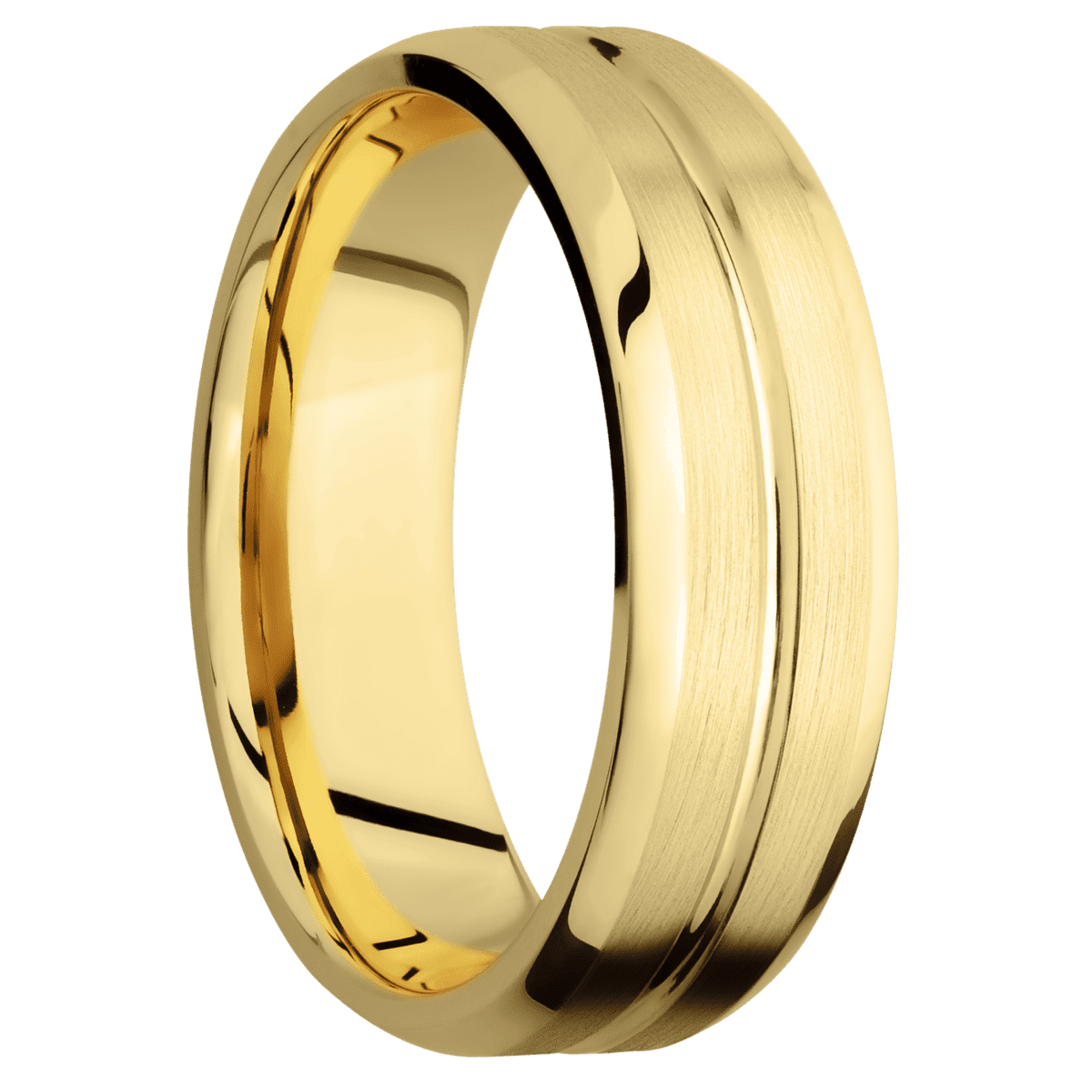 14K Yellow Gold + Polish Satin Finish - 7 mm wide Beveled with Center Accent Groove 14K Yellow Gold band. - Custom
