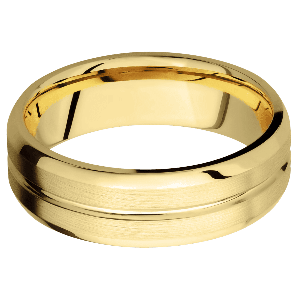 14K Yellow Gold + Polish Satin Finish - 7 mm wide Beveled with Center Accent Groove 14K Yellow Gold band. - Custom