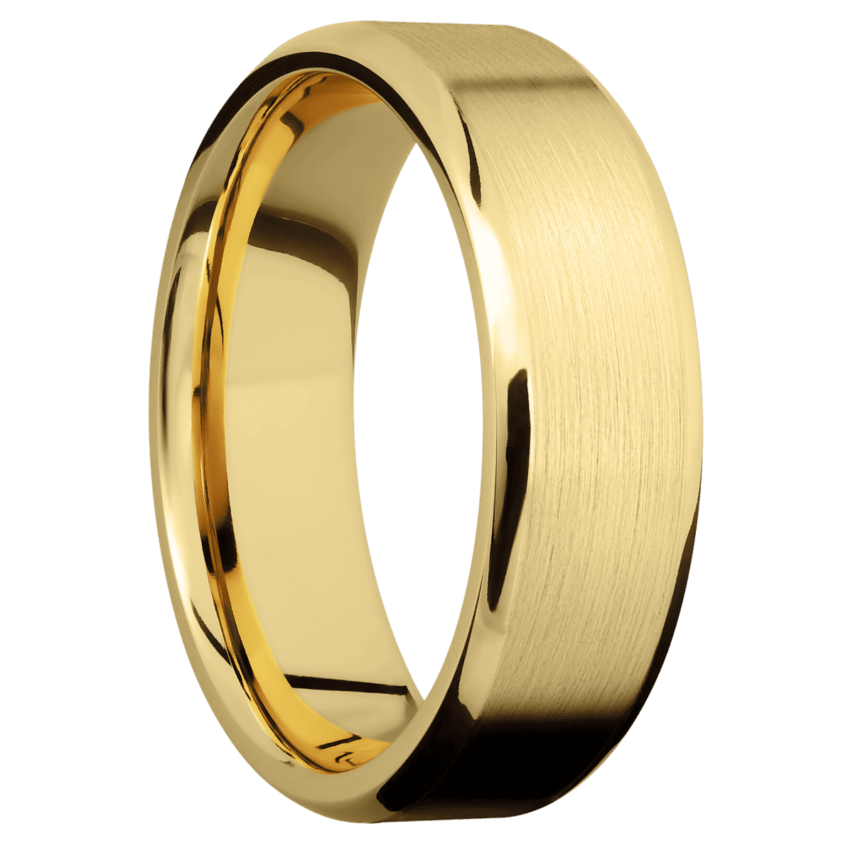 14K Yellow Gold + Satin Polish Finish - 7 mm wide Beveled 14K Yellow Gold band. - Custom