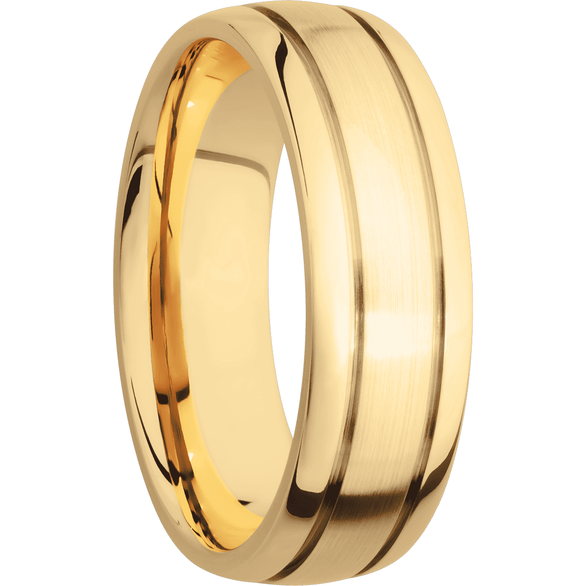 14K Yellow Gold + Satin Polish Finish - 7 mm wide Domed with two accent grooves 14K Yellow Gold band. - Custom