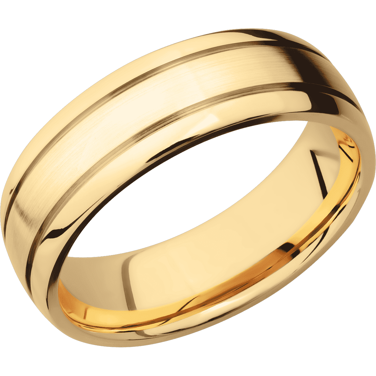 14K Yellow Gold + Satin Polish Finish - 7 mm wide Domed with two accent grooves 14K Yellow Gold band. - Custom
