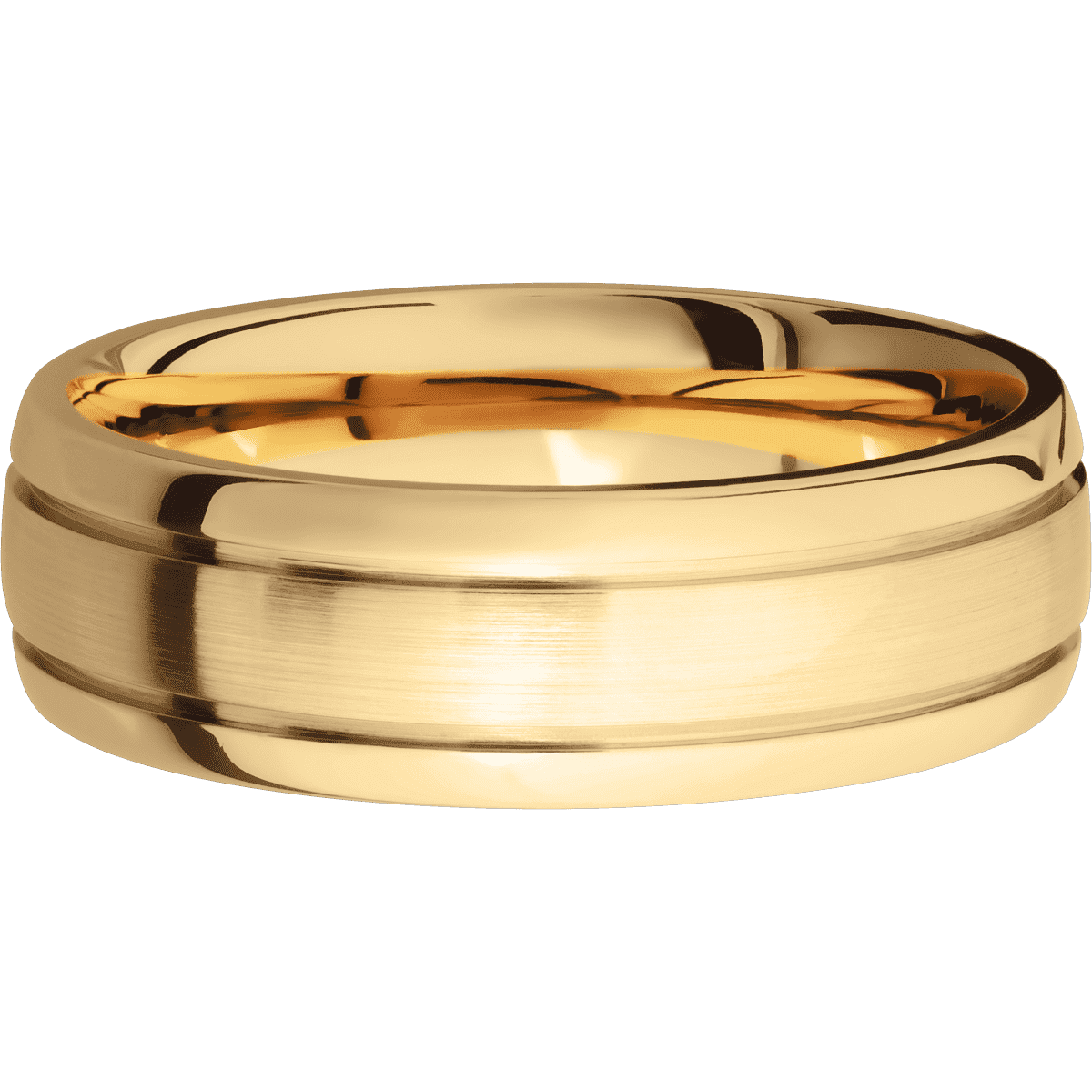 14K Yellow Gold + Satin Polish Finish - 7 mm wide Domed with two accent grooves 14K Yellow Gold band. - Custom
