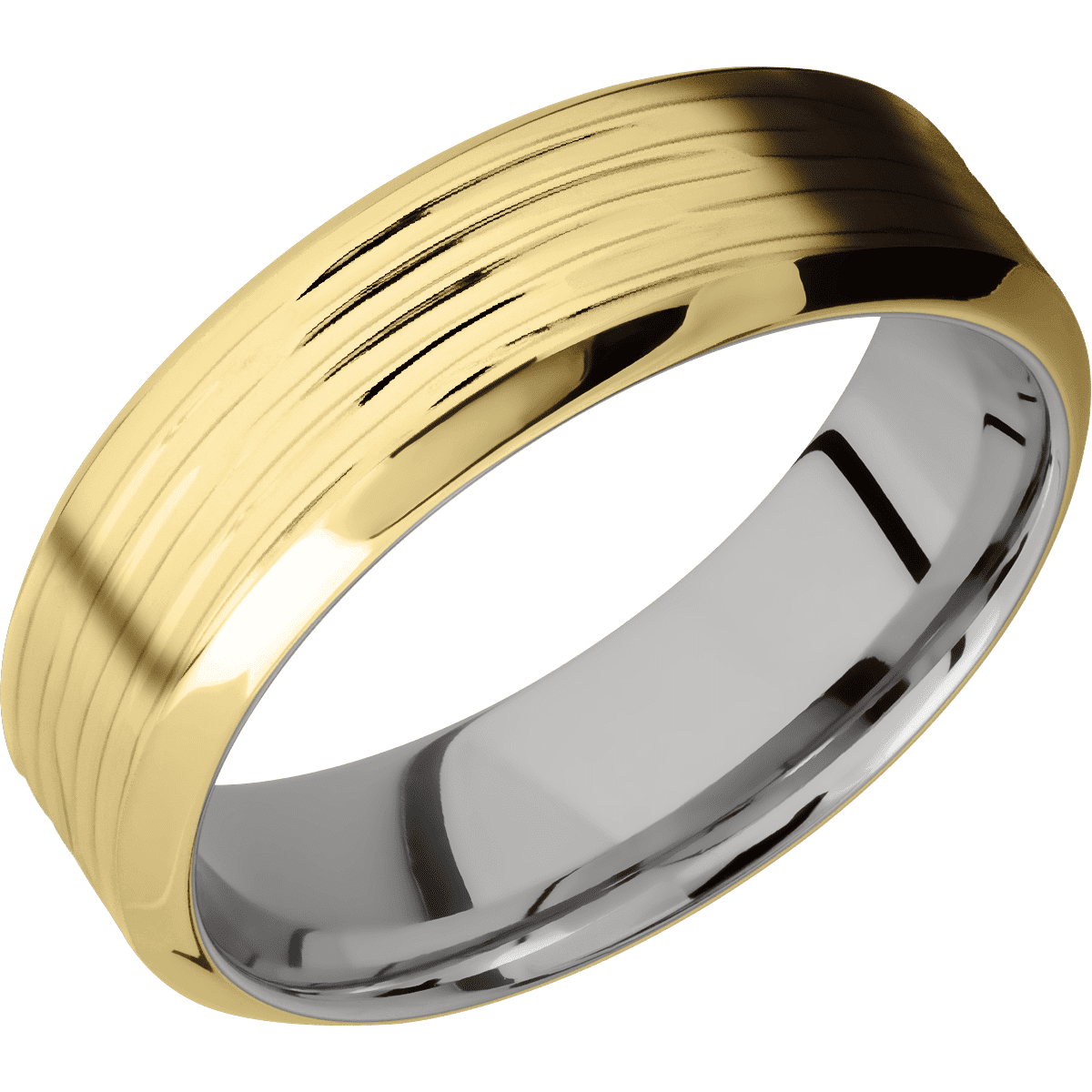 14K Yellow Gold + Treebark3 Polish Finish + Cobalt Chrome - 7 mm wide High Bevel 14K Yellow Gold band featuring