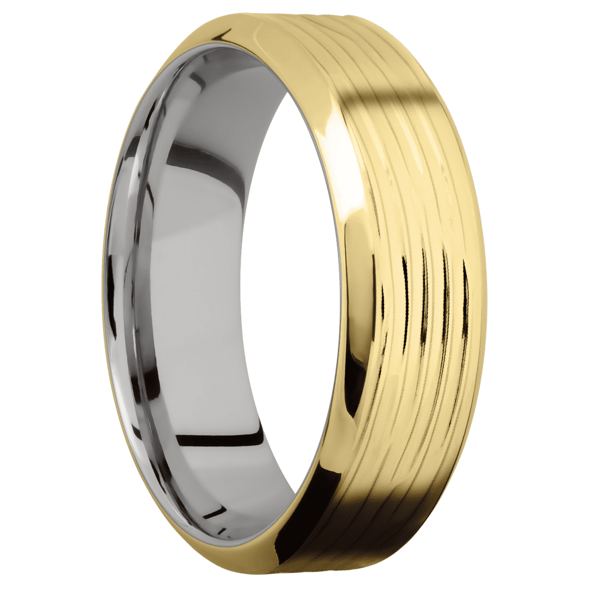 14K Yellow Gold + Treebark3 Polish Finish + Cobalt Chrome - 7 mm wide High Bevel 14K Yellow Gold band featuring