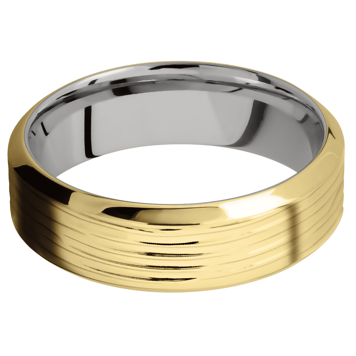 14K Yellow Gold + Treebark3 Polish Finish + Cobalt Chrome - 7 mm wide High Bevel 14K Yellow Gold band featuring