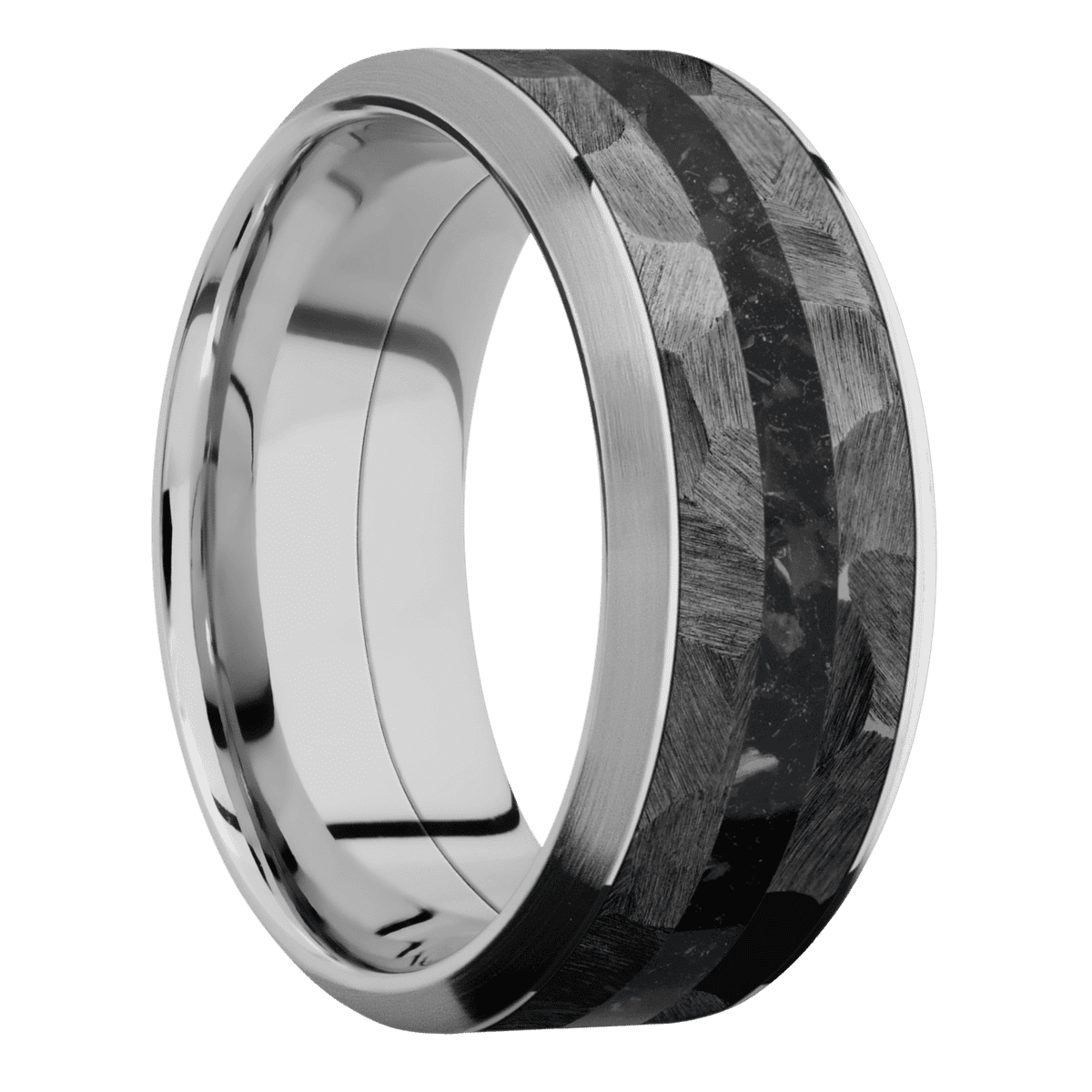 18K White Gold + Polish Satin Finish - 9 mm wide/High Bevel/18K White Gold band featuring inlays of Zirconium and Black