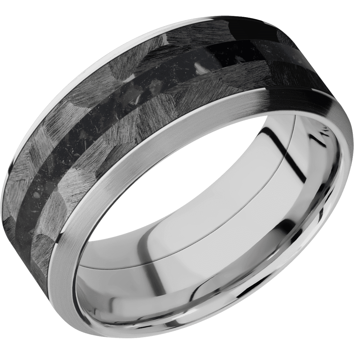 18K White Gold + Polish Satin Finish - 9 mm wide/High Bevel/18K White Gold band featuring inlays of Zirconium and Black