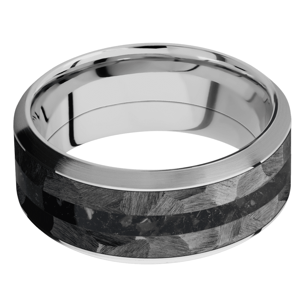 18K White Gold + Polish Satin Finish - 9 mm wide/High Bevel/18K White Gold band featuring inlays of Zirconium and Black