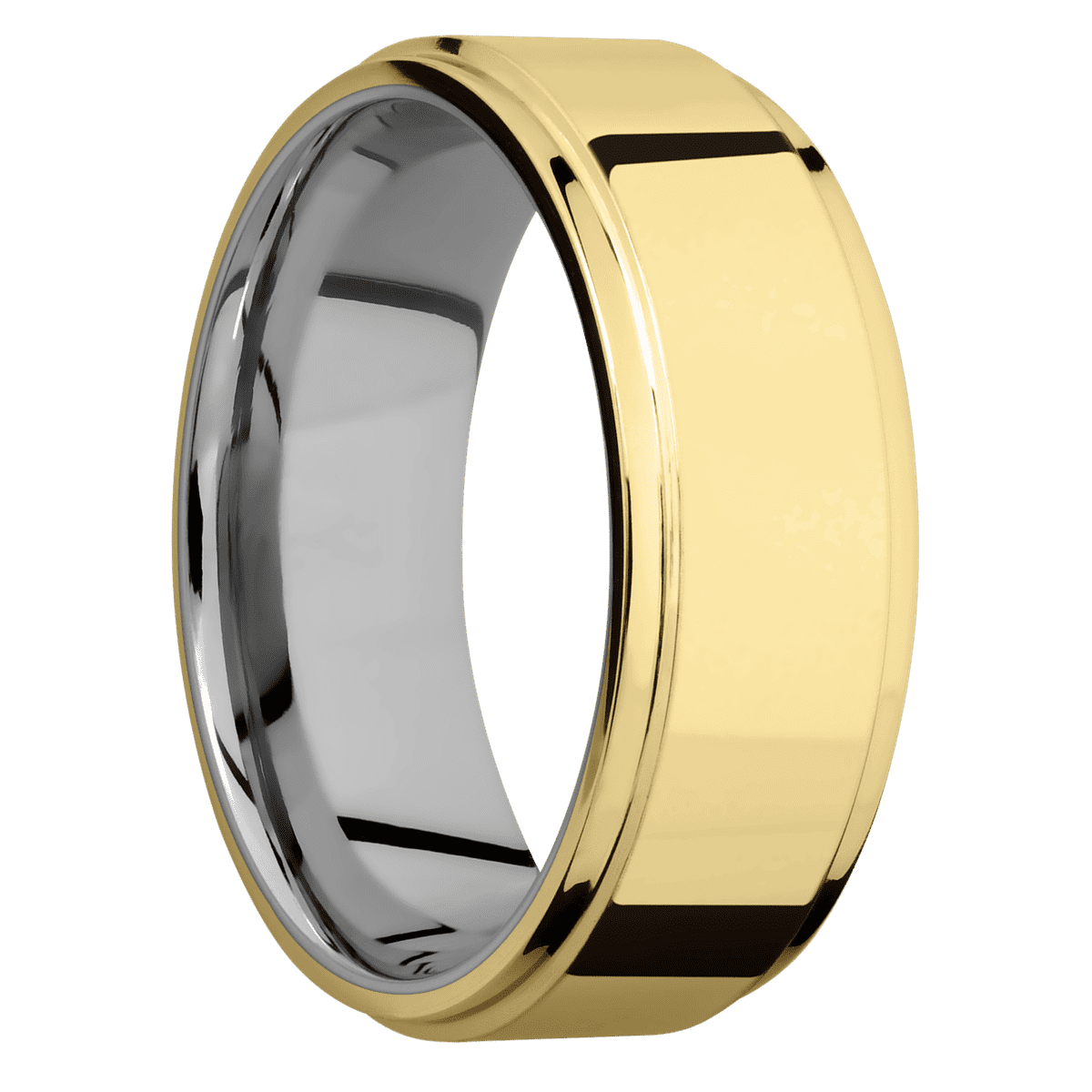 18K Yellow Gold + Polish Polish Finish + Titanium - 8 mm wide Flat Grooved Edges 18K Yellow Gold band featuring
