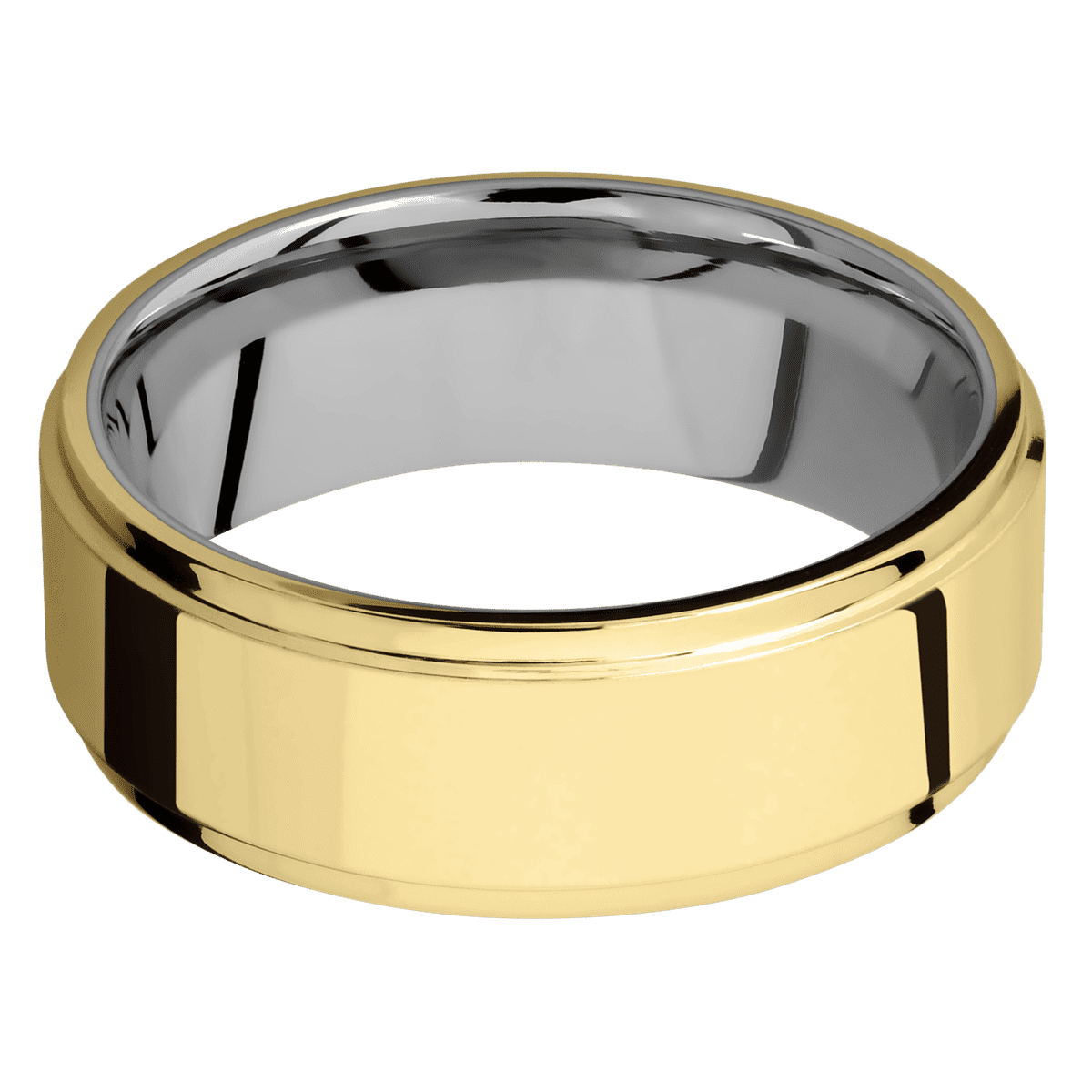 18K Yellow Gold + Polish Polish Finish + Titanium - 8 mm wide Flat Grooved Edges 18K Yellow Gold band featuring