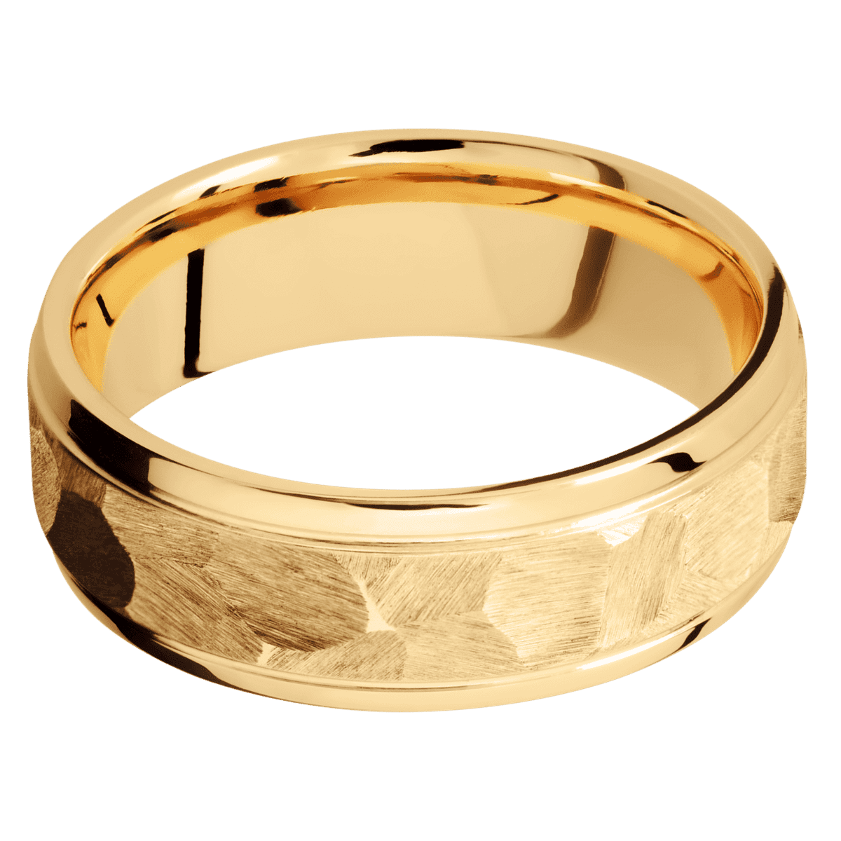 18K Yellow Gold + Rock Polish Finish - 7 mm wide Stepped Bevel 18K Yellow Gold band. - Custom