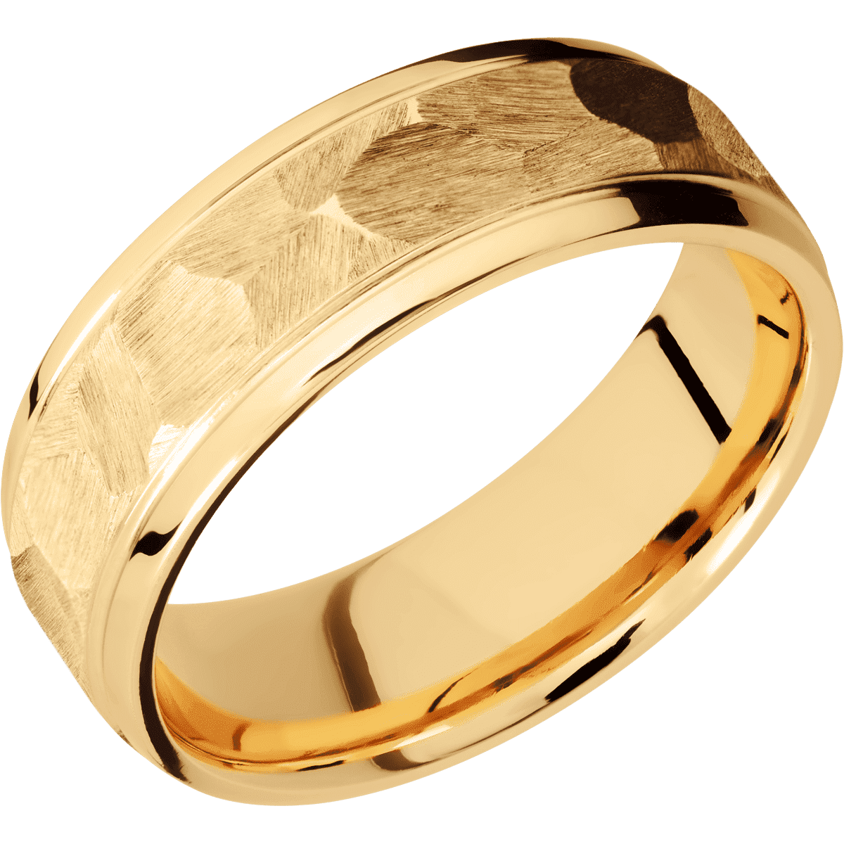 18K Yellow Gold + Rock Polish Finish - 7 mm wide Stepped Bevel 18K Yellow Gold band. - Custom