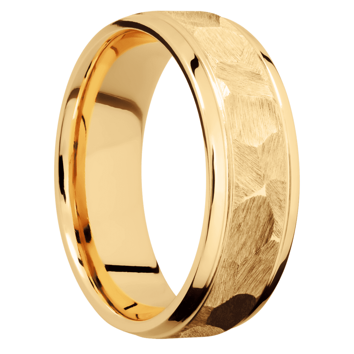 18K Yellow Gold + Rock Polish Finish - 7 mm wide Stepped Bevel 18K Yellow Gold band. - Custom