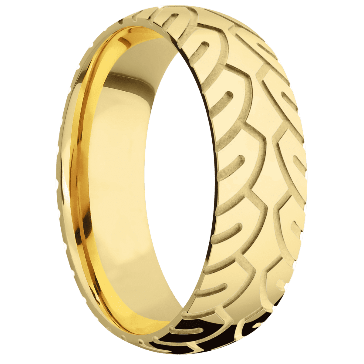 22K Yellow Gold + Polish Finish - 7 mm wide/Domed/22K Yellow Gold band with a machined Cycle pattern. - Custom