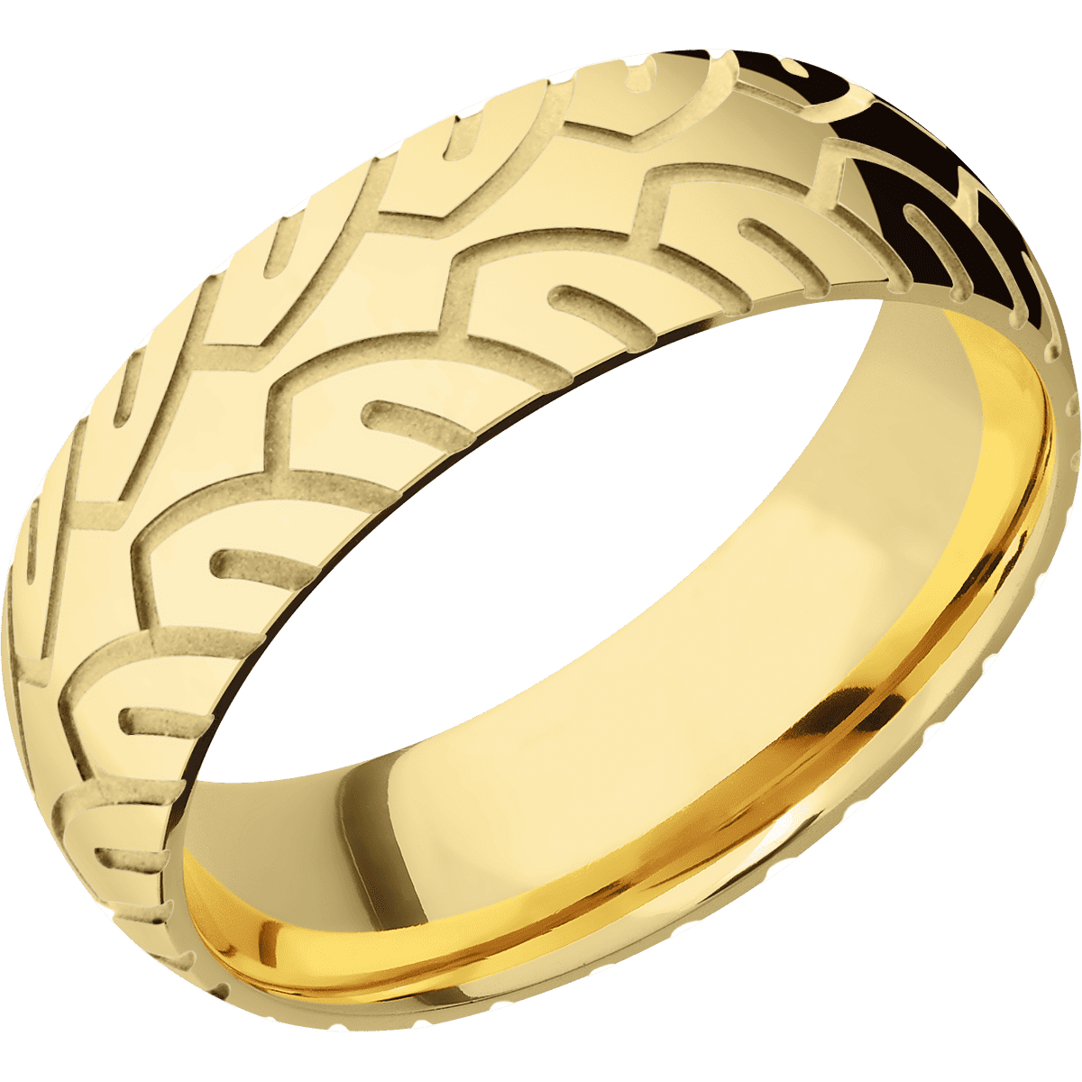 22K Yellow Gold + Polish Finish - 7 mm wide/Domed/22K Yellow Gold band with a machined Cycle pattern. - Custom