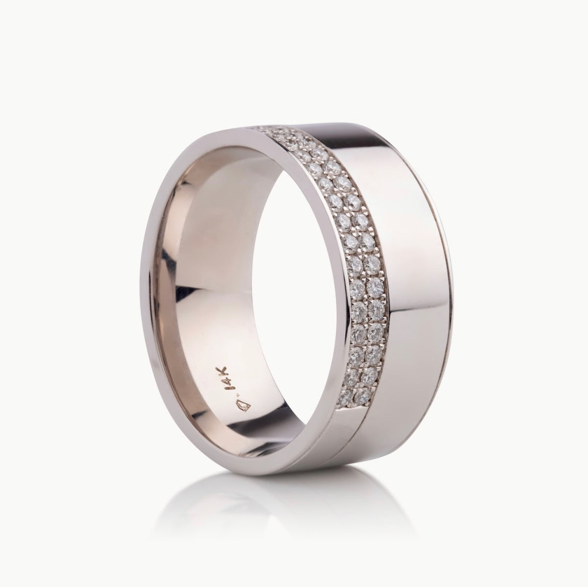 Men&#39;s 9MM Flat Band with 2 Offset Rows of Diamonds - Choice of White Gold / Yellow Gold / Rose Gold or Cobalt