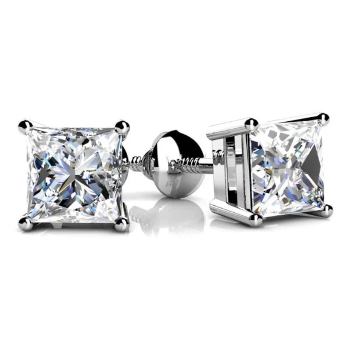 Lab Princess Cut Diamond Stud Earrings - Choice of White Gold or Yellow Gold- .75ct to 2.00ct Total