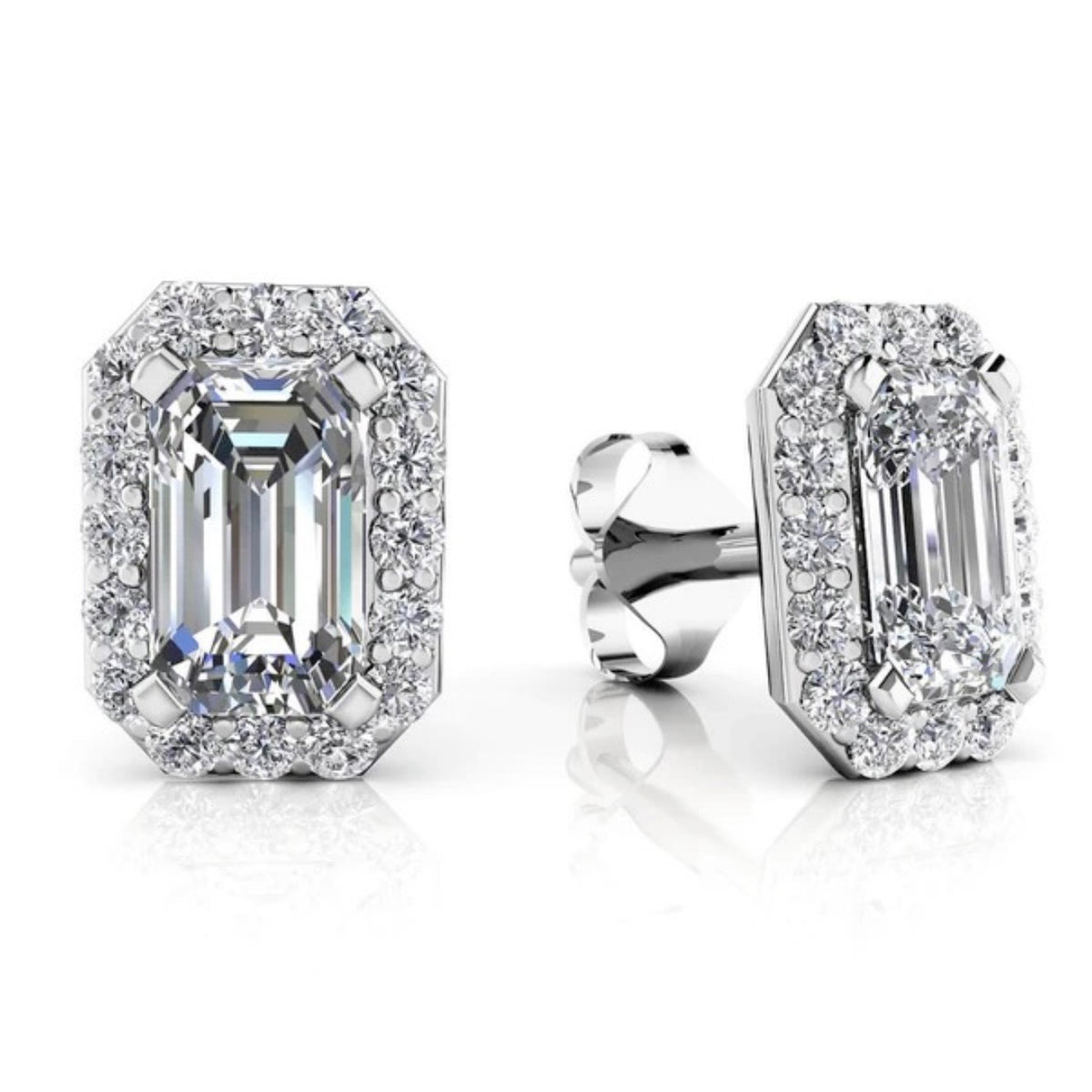 Diamond Emerald Cut Halo Earrings- Choice of Lab or Natural Diamonds - .66ct TW to 2.22ct TW