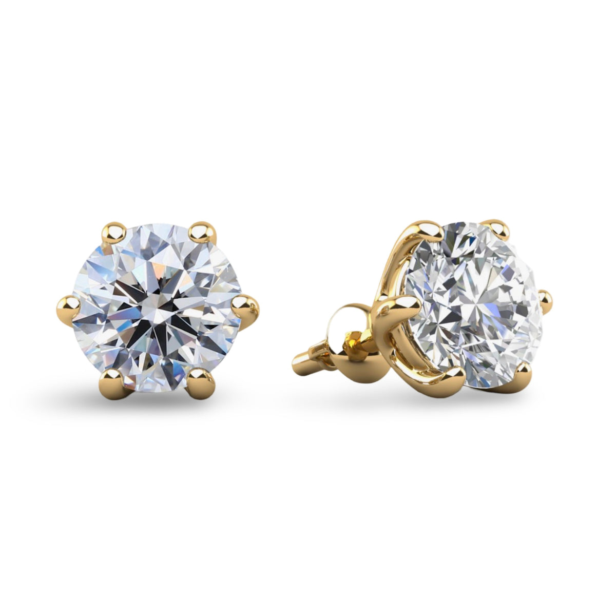 Lab Diamond 6-Prong Stud Earrings - Choice of White Gold or Yellow Gold- .50ct to 2.00ct Total Weight