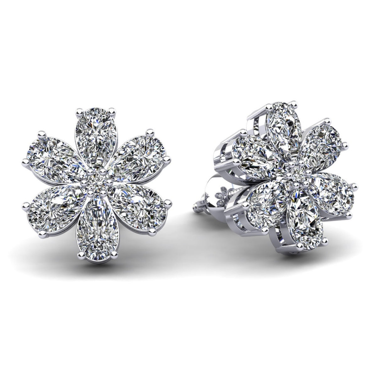 Flower Shaped Stud Earrings with Pear Shape Stones- Choice of 1.97ct / 2.54ct or 3.64ct