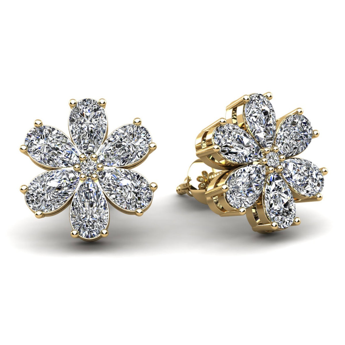 Flower Shaped Stud Earrings with Pear Shape Stones- Choice of 1.97ct / 2.54ct or 3.64ct